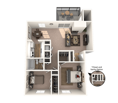 Floor plan for 2 beds, 1 bath, 944 sqft